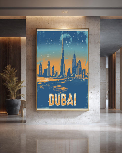 Dubai Skyline Print, Vintage Retro Poster, Burj Khalifa Decor, Framed Unframed or Digital