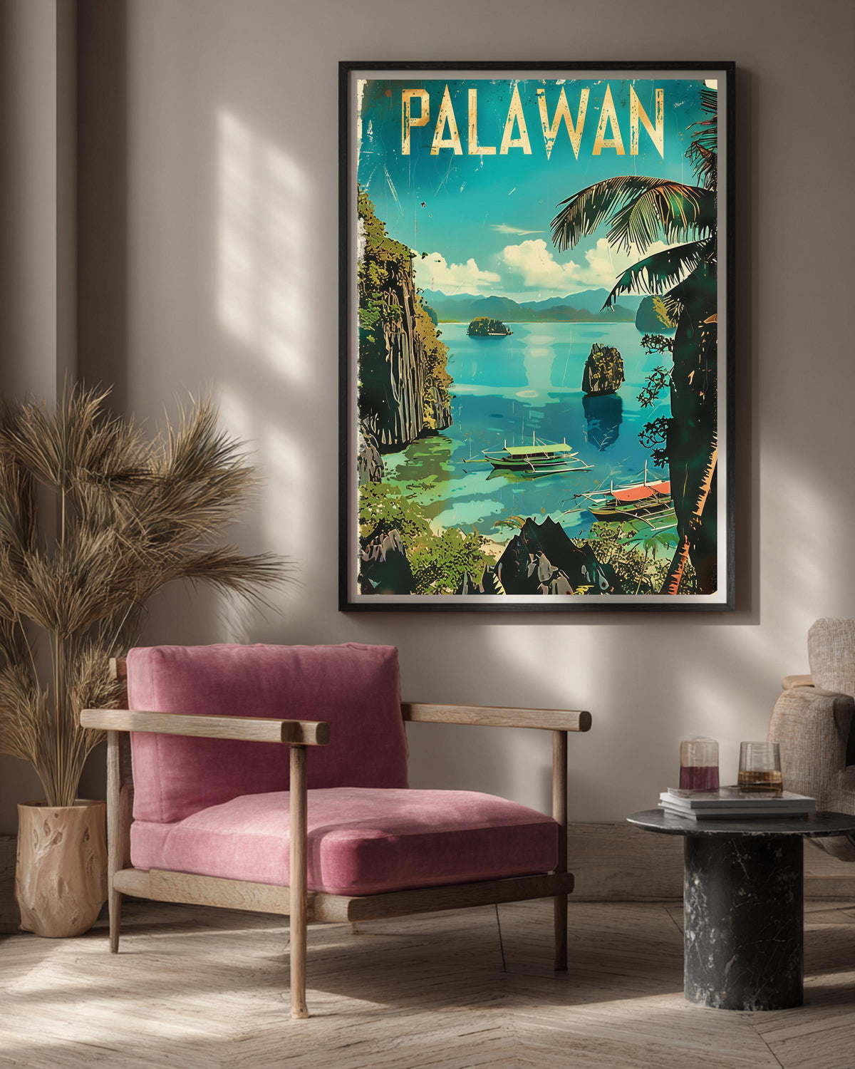 Retro Travel Poster, El Nido Palawan Print, Limestone Cliffs, Framed Unframed or Digital