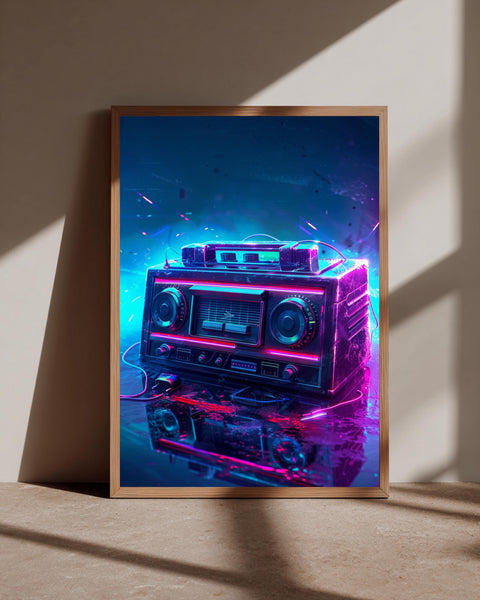 Hypebeast Decor, Retro 80s Boombox Neon Synthwave Poster, Framed Unframed or Digital
