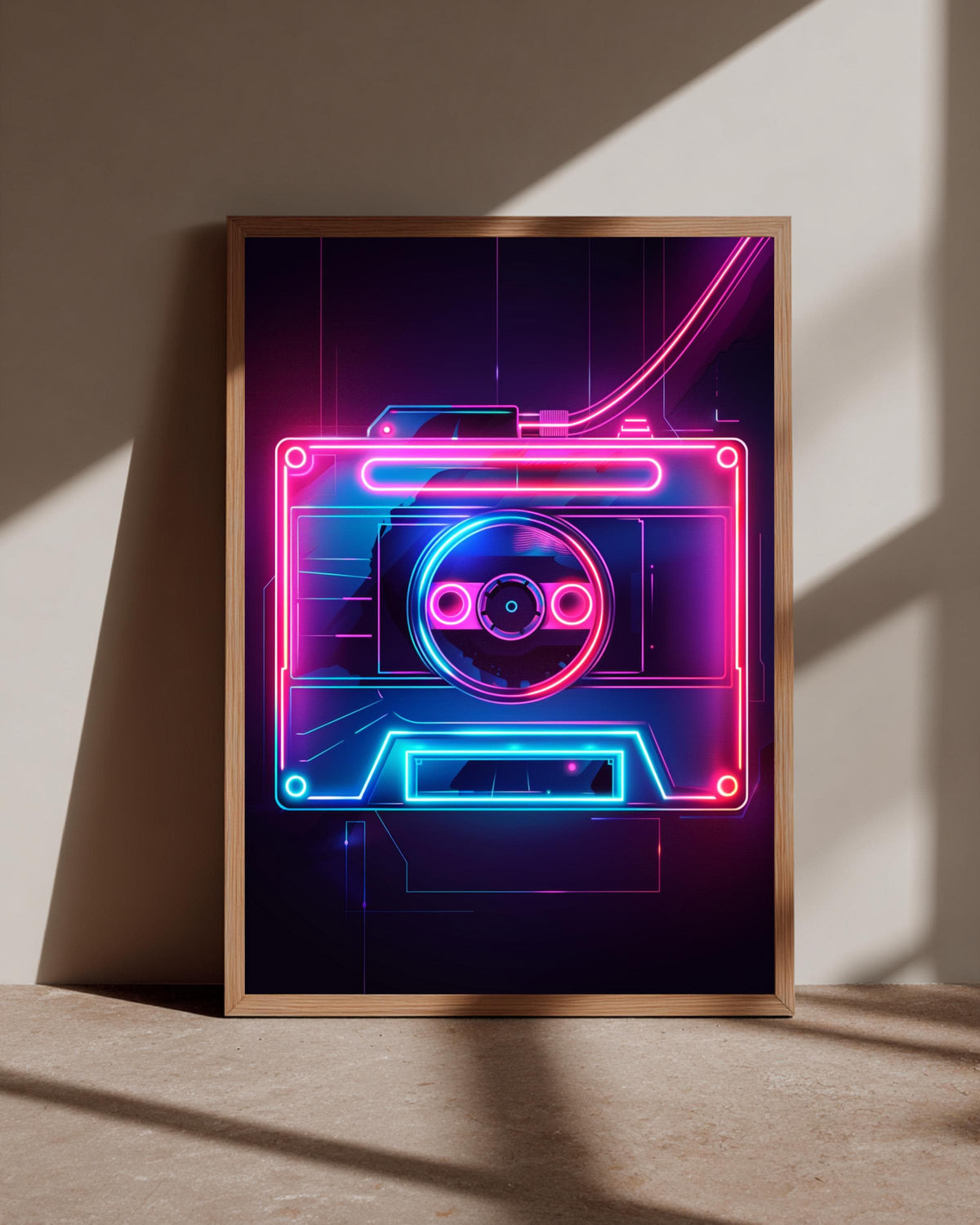 Retro Cassette Tape Neon Wall Art, 80s Synthwave Gloss Print, Vibrant Cyberpunk Music Poster, Glow Aesthetic Retro Futuristic Decor