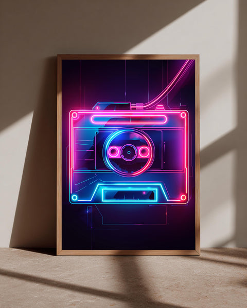 Retro Cassette Tape Neon Wall Art, 80s Synthwave Gloss Print, Vibrant Cyberpunk Music Poster, Glow Aesthetic Retro Futuristic Decor