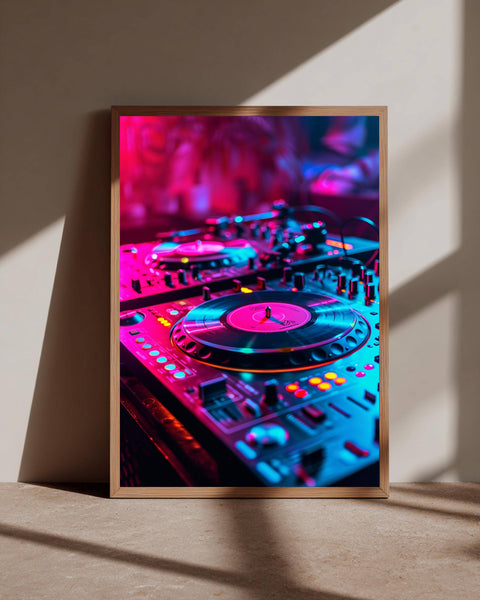 Retro DJ Turntable Art, Neon Synthwave Music Poster, Framed Unframed or Digital