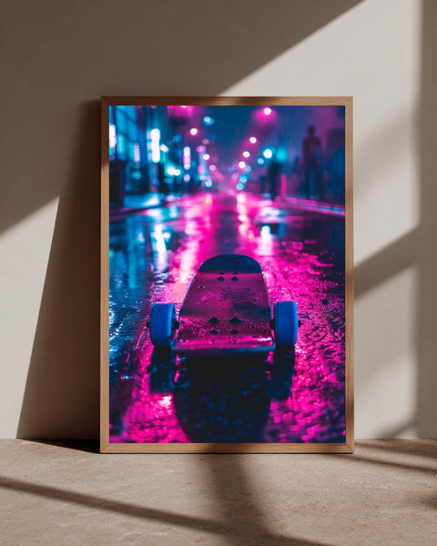Retro Skateboard Art, Neon Street Synthwave Print, Hypebeast Decor, Framed Unframed or Digital