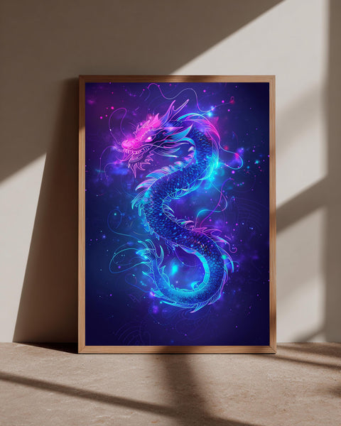 Dragon Wall Art, Electric Neon Purple Blue Mythical Print, Framed Unframed or Digital