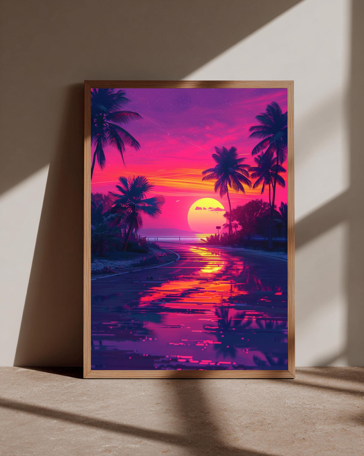 Retro Neon Palm Art, Synthwave Sunset Print, 80s Vaporwave Poster, Framed Unframed or Digital