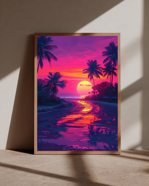 Retro Neon Palm Art, Synthwave Sunset Print, 80s Vaporwave Poster, Framed Unframed or Digital