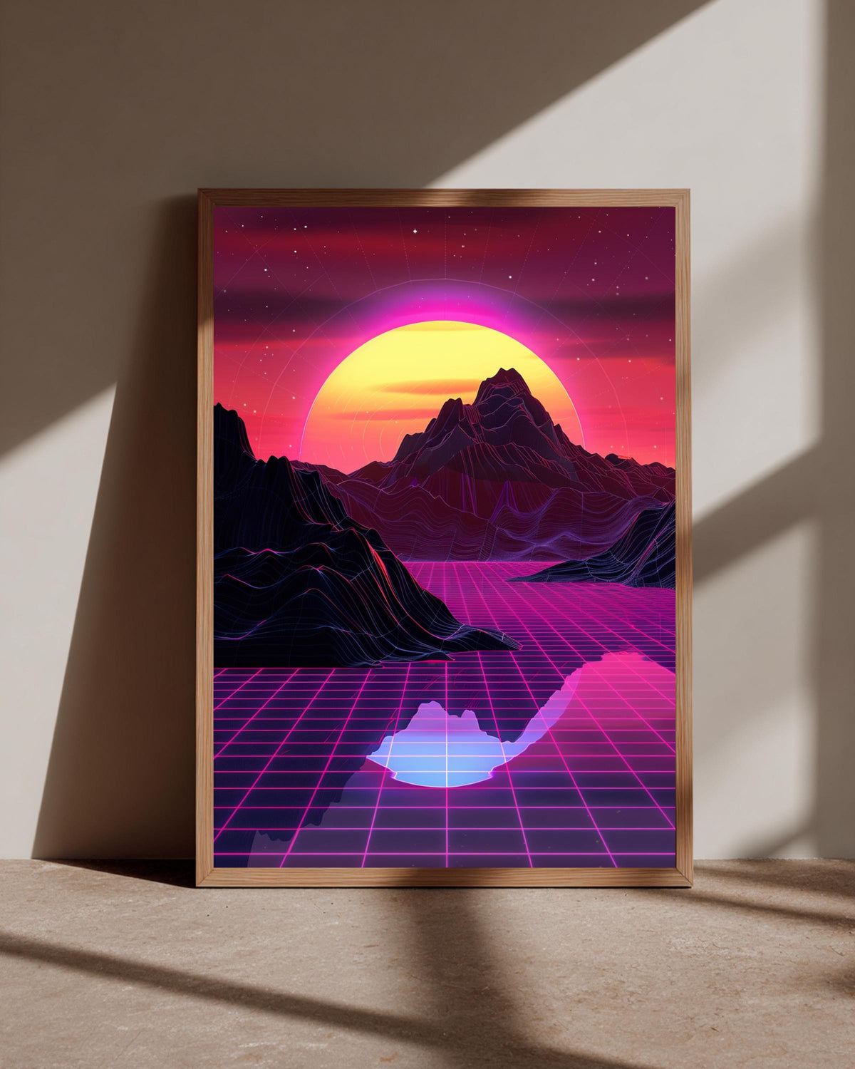 Retro Synthwave Art, Neon Mountain Landscape Print, Gamer Gift, Framed Unframed or Digital