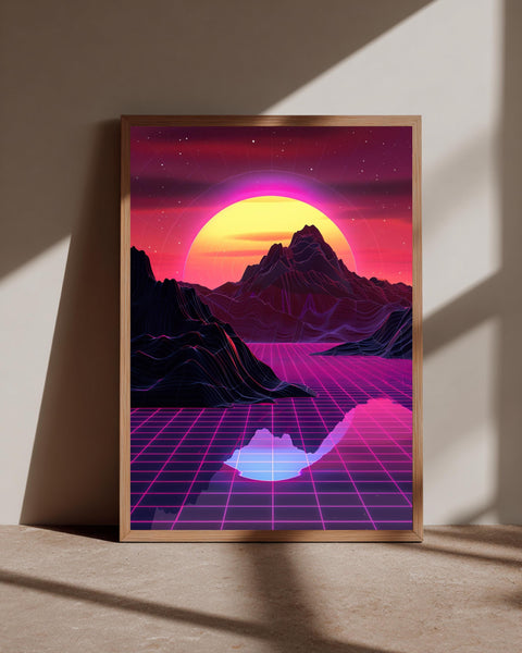 Retro Synthwave Art, Neon Mountain Landscape Print, Gamer Gift, Framed Unframed or Digital