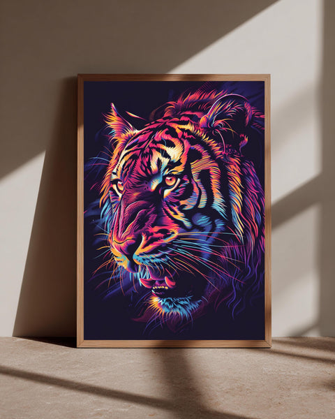 Neon Tiger Wall Art, Vibrant Cyberpunk Animal Portrait Print, Framed Unframed or Digital