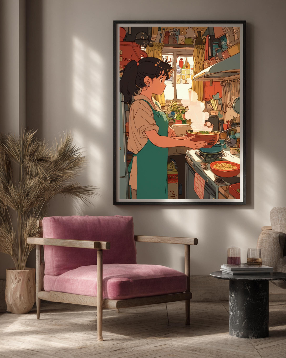 Retro Anime Kitchen Print, Steaming Ramen Bowl Poster, Framed Unframed or Digital