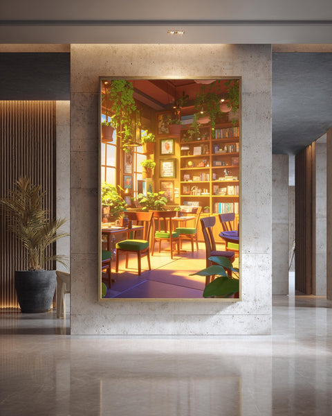 Retro Anime Café Art, Cozy Bookshop Interior Poster, Nostalgic Vintage Print, Framed Unframed or Digital