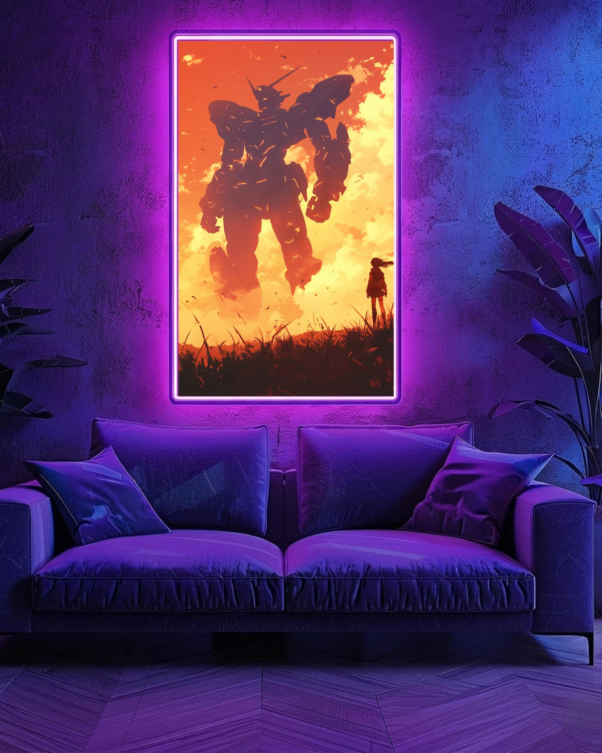 retro anime mech art, Giant Robot Silhouette Sunset Print, Framed Unframed or Digital