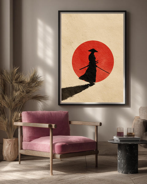 Minimalist Samurai Silhouette Poster, Vintage Japanese Rising Sun Wall Art, Katana Warrior Beige Retro Style Gloss Print