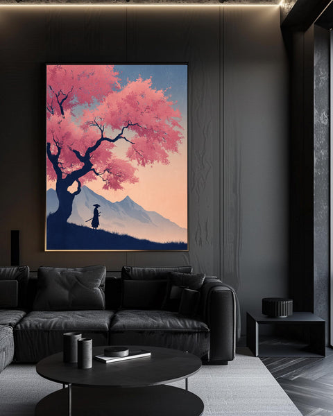 Lone Samurai Sakura Poster, Vintage Japanese Travel Wall Art, Cherry Blossom Warrior Scene, Pastel Retro Gloss Print