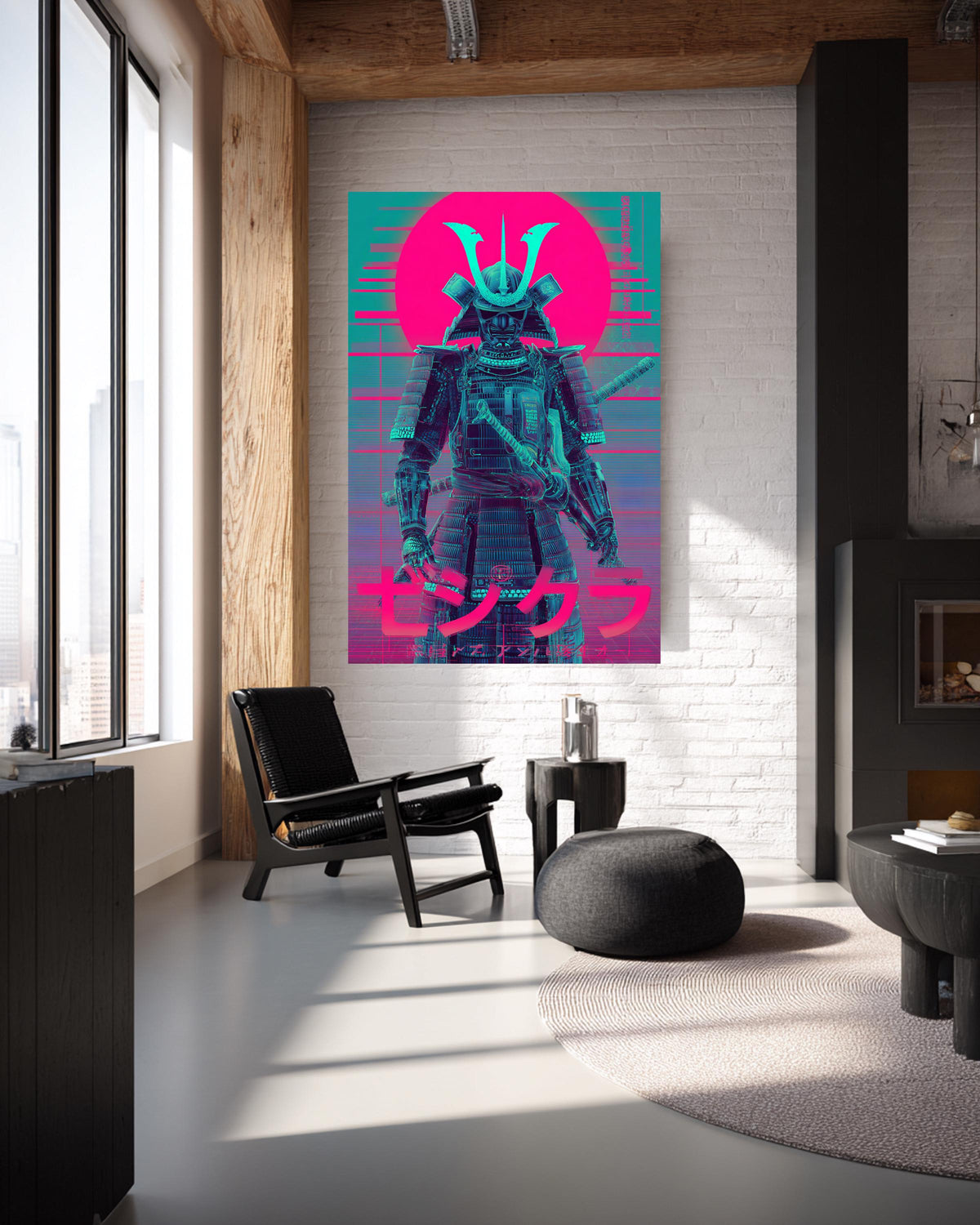 Futuristic Samurai Hologram Poster, Retro Sci-Fi Japanese Wall Art, Neon Warrior Design, Cyberpunk Gloss Print