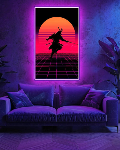 Synthwave Samurai Silhouette Poster, Retro 80s Vaporwave Sunset Grid Wall Art, Neon Warrior Japanese Gloss Print