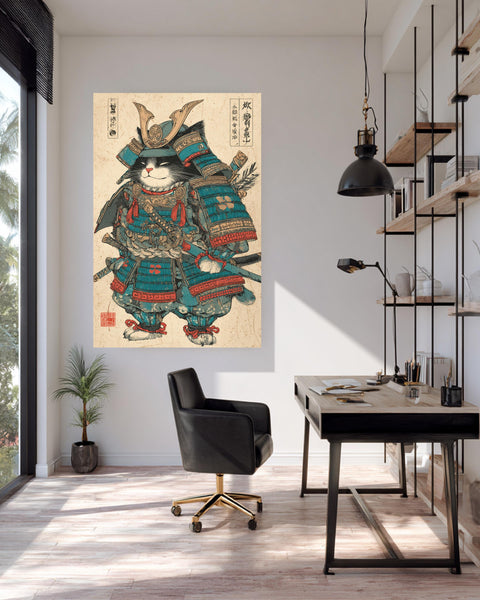 Samurai Cat Poster, Ukiyo-e Warrior Cat Wall Art, Vintage Japanese Armor Illustration, Retro Samurai Gloss Print