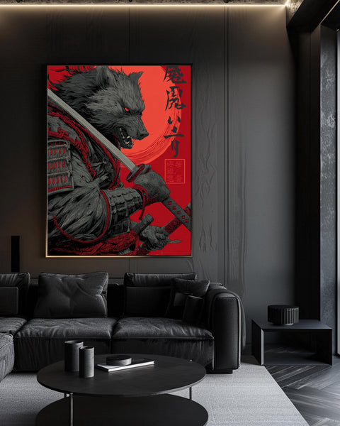 Wolf Samurai Poster, Fierce Japanese Warrior Wall Art, Retro Katana Samurai Illustration, Vintage Japan Gloss Print