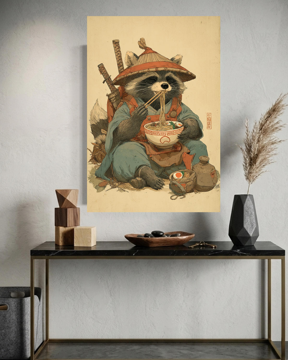 Samurai Raccoon Poster, Playful Japanese Warrior Eating Ramen, Retro Vintage Samurai Wall Art, Cute Gloss Print