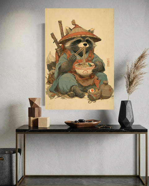 Samurai Raccoon Poster, Playful Japanese Warrior Eating Ramen, Retro Vintage Samurai Wall Art, Cute Gloss Print