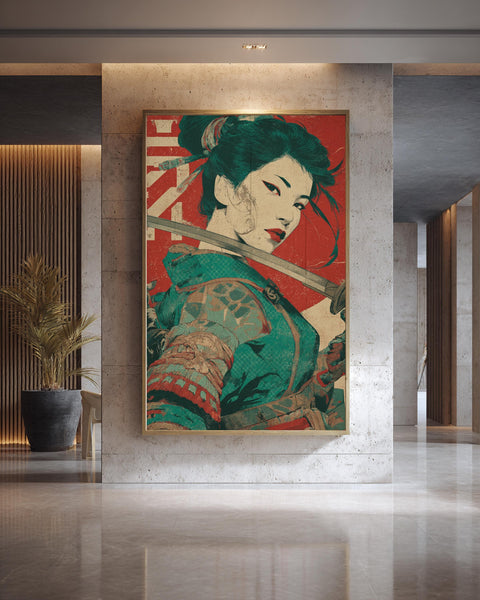 Female Samurai Poster, Vintage Japanese Warrior Wall Art, Bold Retro Samurai Portrait, Traditional Japan Gloss Print