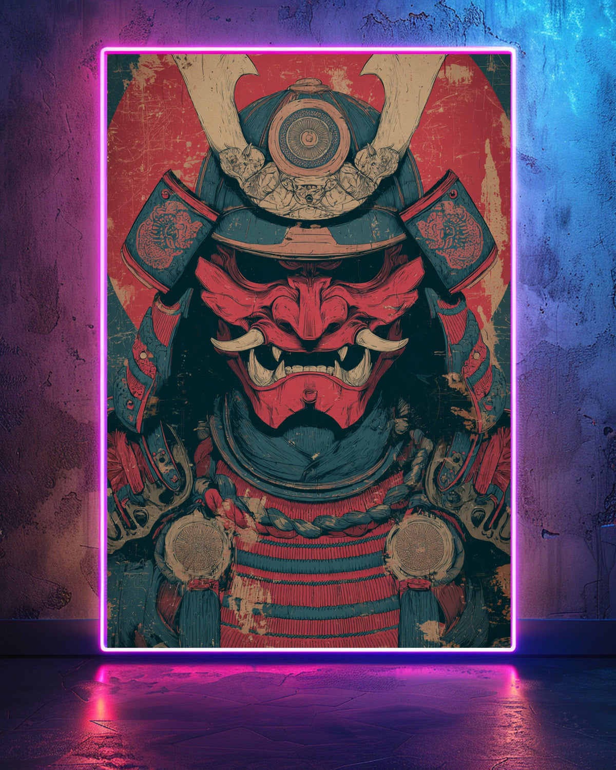 Oni Mask Samurai Poster, Dark Japanese Warrior Wall Art, Red Demon Mask Retro Samurai Illustration Gloss Print