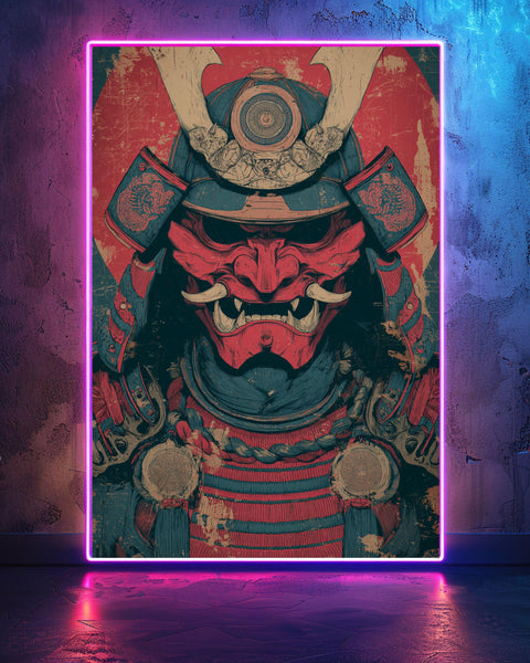 Oni Mask Samurai Poster, Dark Japanese Warrior Wall Art, Red Demon Mask Retro Samurai Illustration Gloss Print