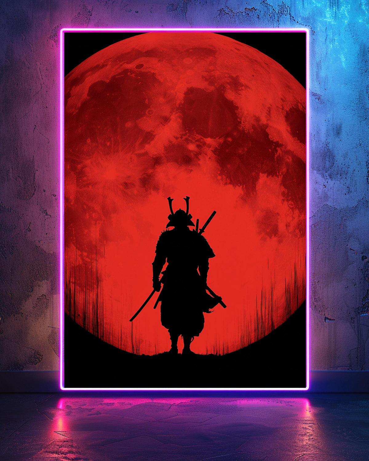 Samurai Blood Moon Art, Japanese Warrior Silhouette Print, Framed Unframed or Digital