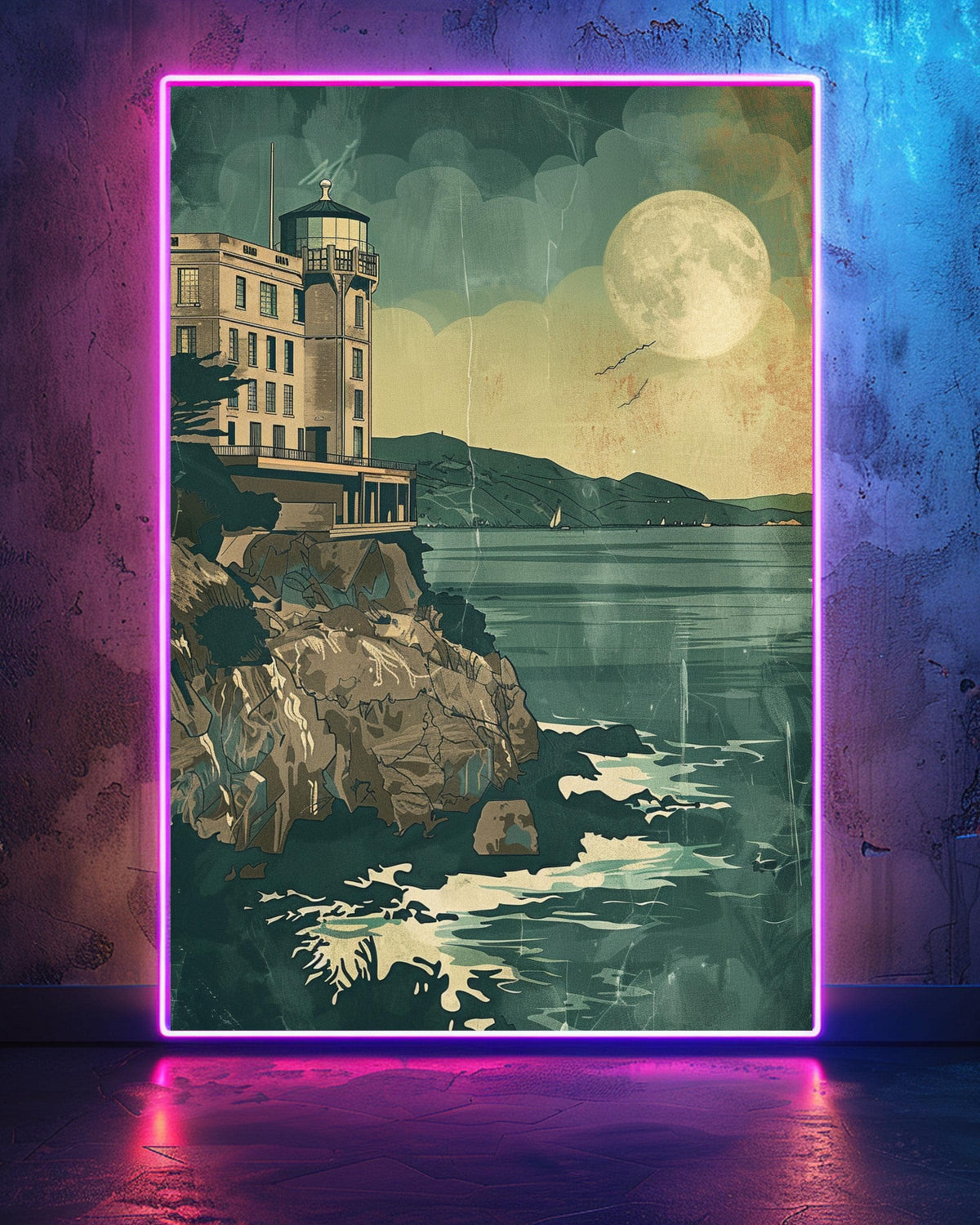 Alcatraz Island Retro Poster, Vintage San Francisco Wall Art, Moody Bay Illustration, 1950s Travel Poster Gloss Print