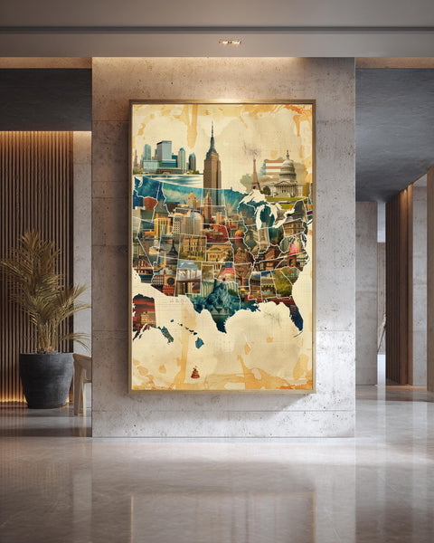Patriotic Wall Art, USA Landmarks Map, Retro American Collage, Framed Unframed or Digital
