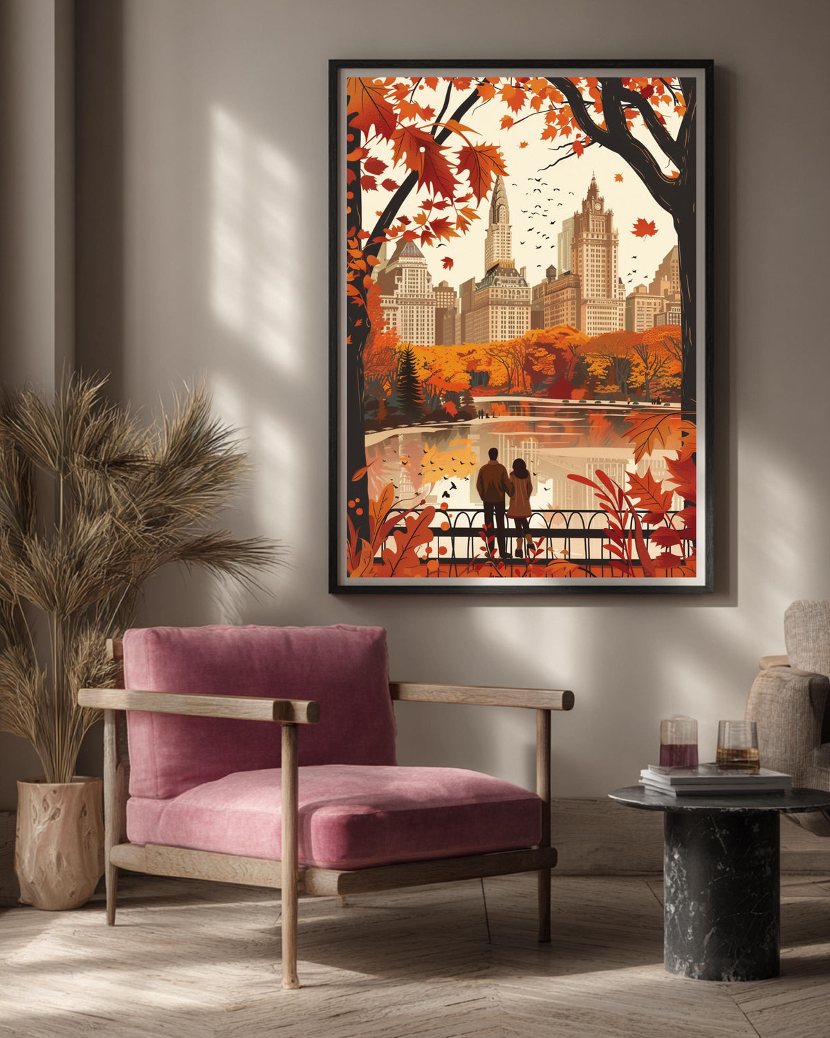 New York Wall Art, Central Park Autumn Retro Poster, Vintage Print, Framed Unframed or Digital
