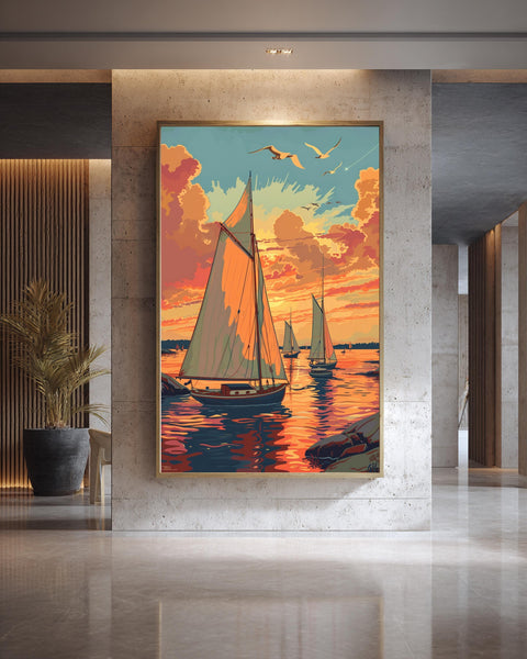 Boston Harbor Poster, Vintage Sailboat Sunset Print, Americana Coastal Decor, Framed Unframed or Digital