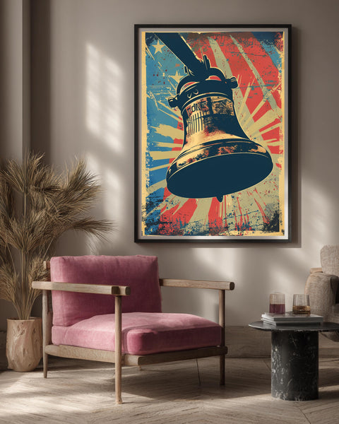 Liberty Bell Print, Patriotic Wall Art, Americana Retro Poster, Framed Unframed or Digital