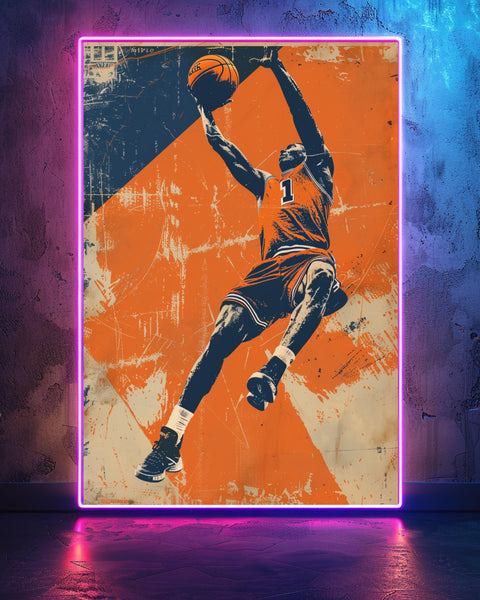 Retro Basketball Slam Dunk Poster, 80s Vintage Sports Wall Art, Halftone Athlete Print, Mid Century Gym Decor Gloss Print