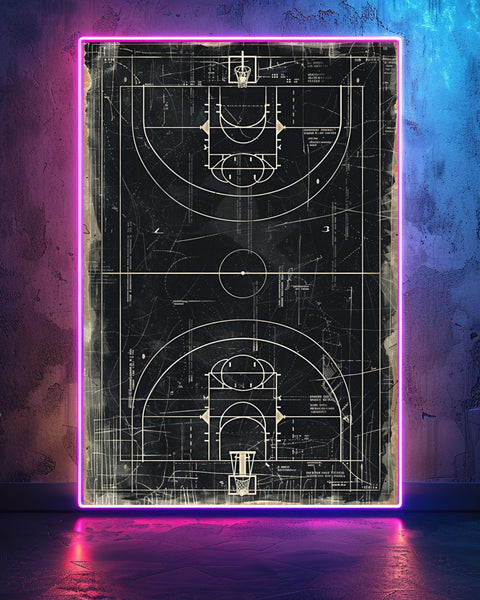 Retro Sports Patent Poster, Vintage Basketball Court Blueprint Wall Art, Minimal Typography, Technical Drawing Print Gloss