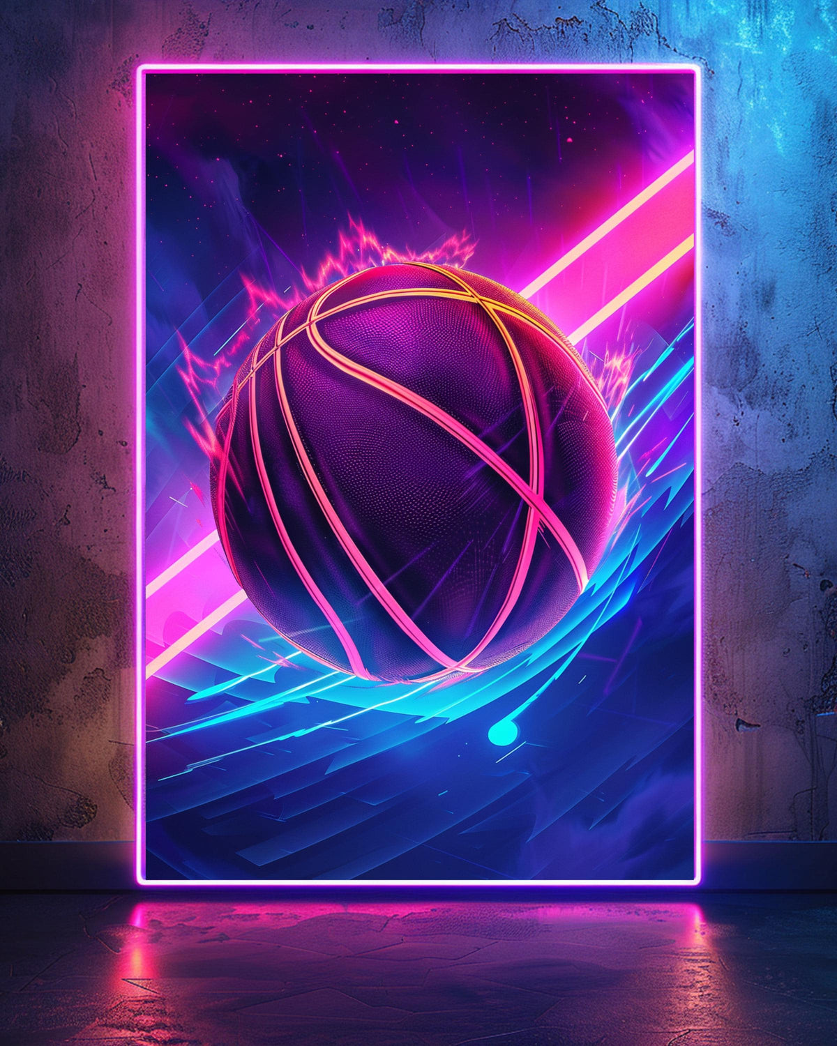 Retro Neon Basketball Poster, 80s Synthwave Sports Wall Art, Vaporwave Background, Glowing Neon Colors, Dynamic Basketball Print