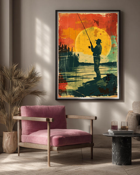 Retro Fishing Poster, Vintage Fisherman Wall Art, Nostalgic Outdoor Sports Print, Rustic Colors, Retro Sports Illustration Gloss