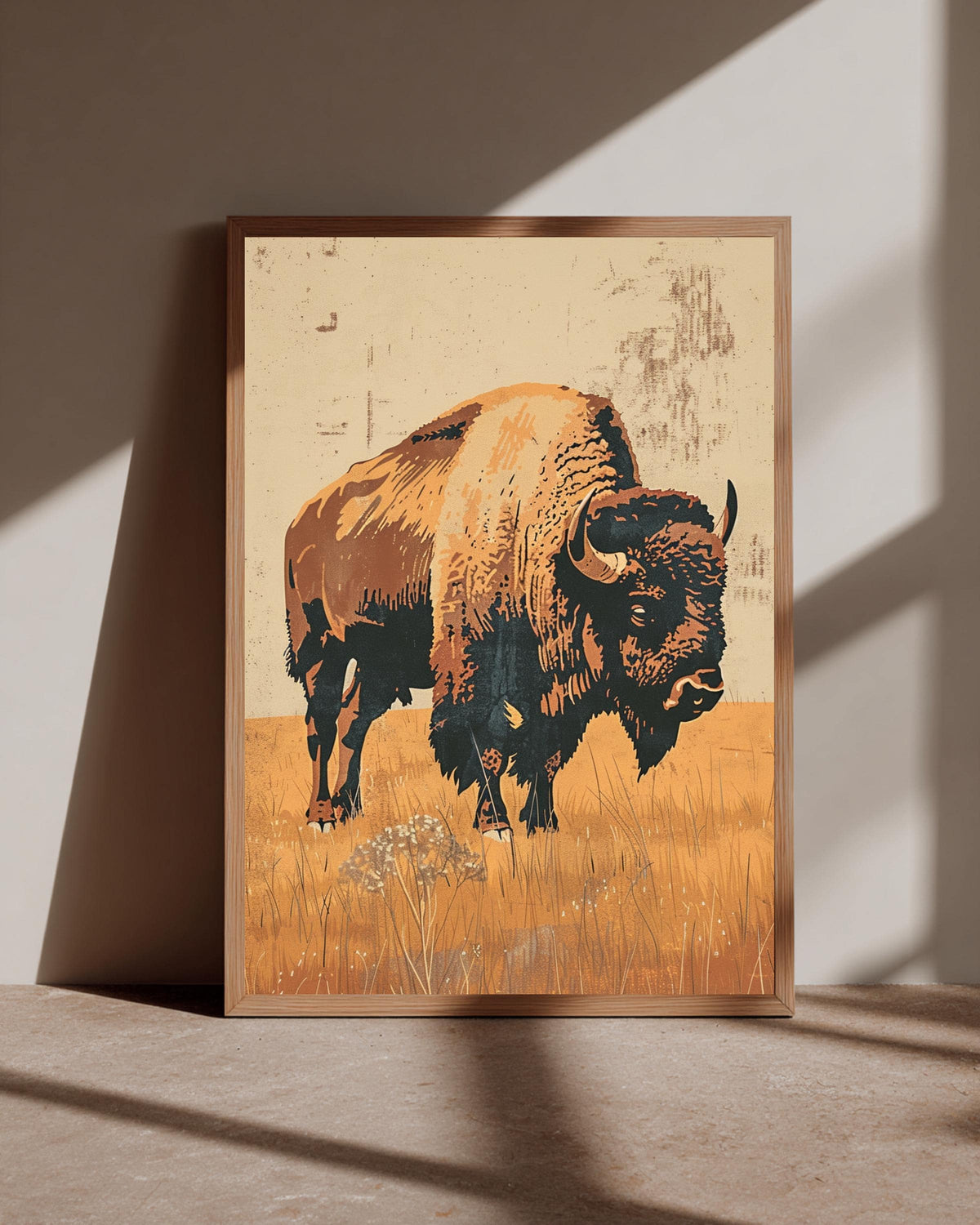 Vintage Bison Art, Retro Buffalo Prairie Print, Rustic Wildlife, Framed Unframed or Digital