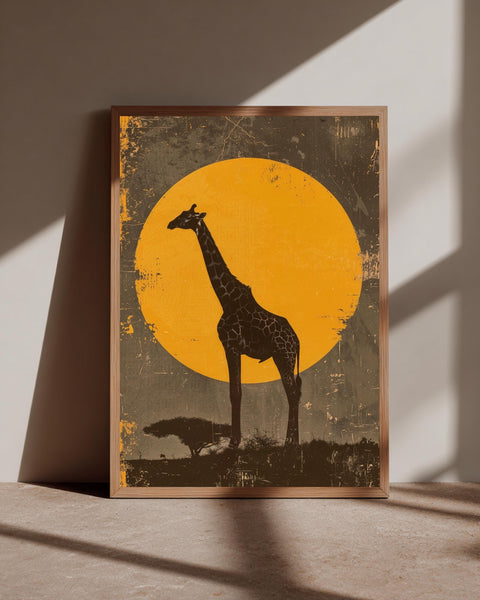 African Safari Art, Vintage Giraffe Sunset Print, Retro Savannah Poster, Framed Unframed or Digital