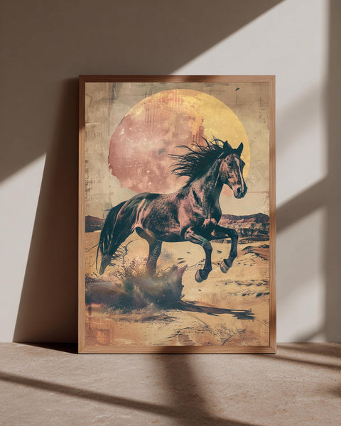 Wild Horse Wall Art, Vintage Stallion Desert Print, Framed Unframed or Digital