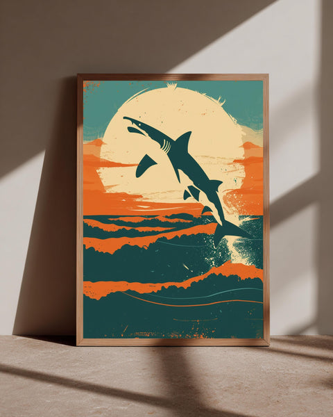 Retro Shark Art Print, Vintage Ocean Poster, Minimalist Great White, Framed Unframed or Digital