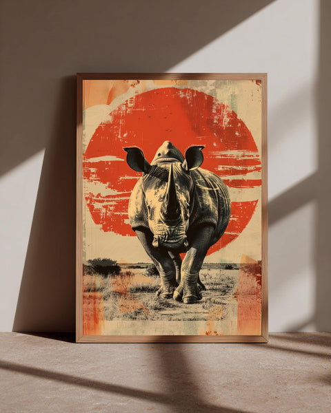 Retro Safari Art, Vintage Rhino Poster, Bold African Wildlife Print, Framed Unframed or Digital