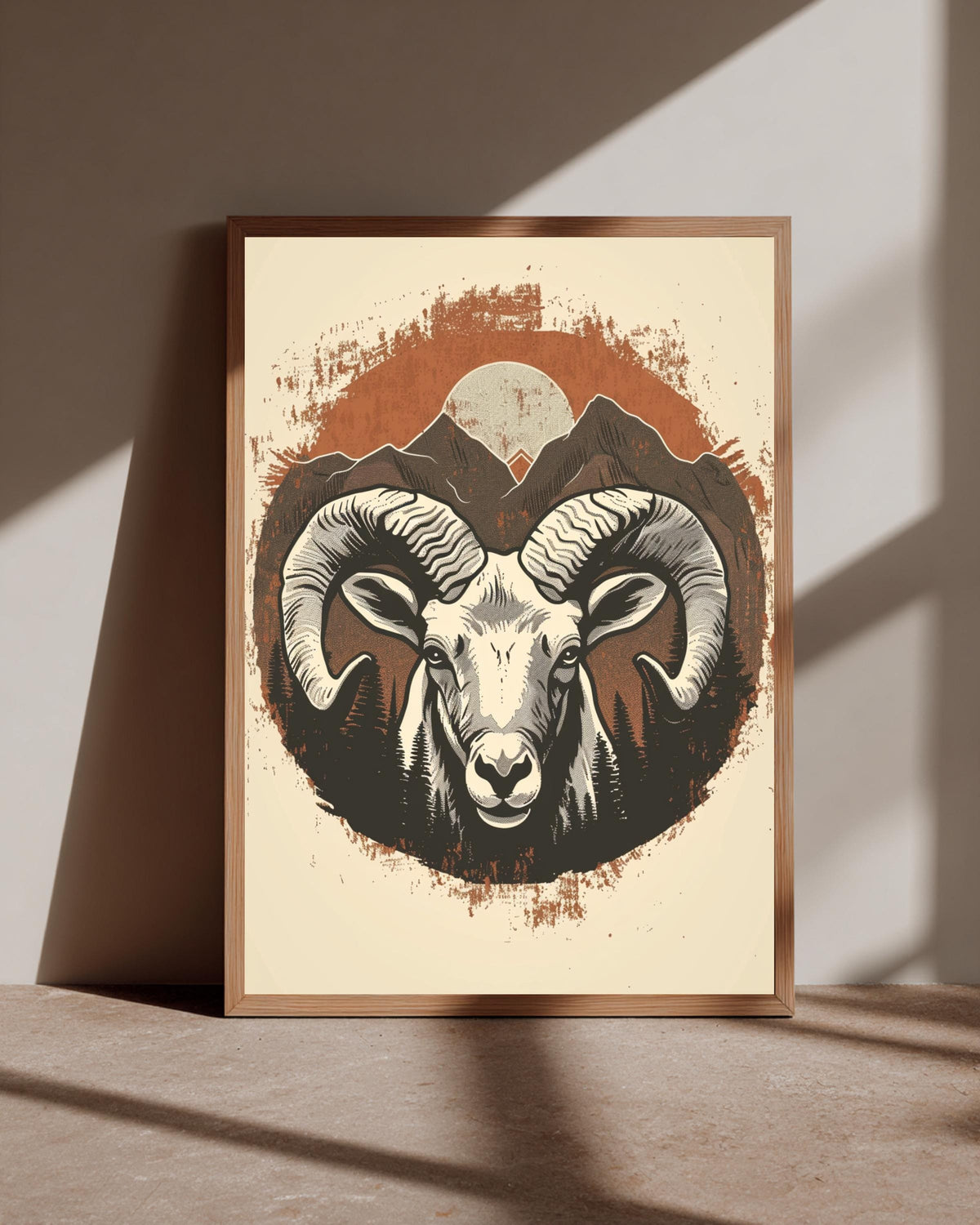 Retro Ram Head Art, Vintage Bighorn Sheep Mountain Wildlife Print, Framed Unframed or Digital