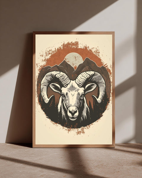 Retro Ram Head Art, Vintage Bighorn Sheep Mountain Wildlife Print, Framed Unframed or Digital