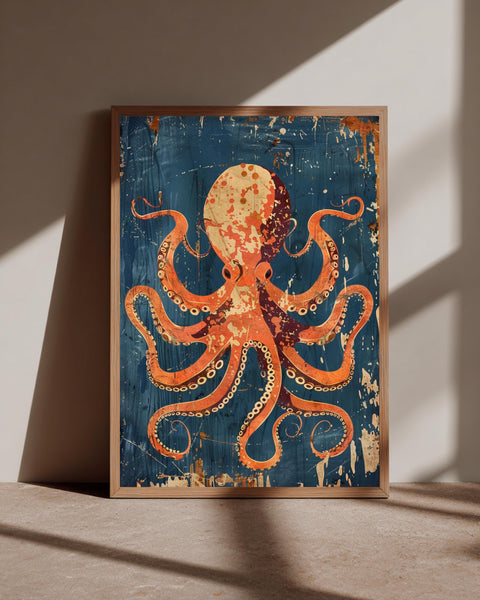 Vintage Octopus Art, Retro Kraken Poster, Nautical Coastal Print, Framed Unframed or Digital