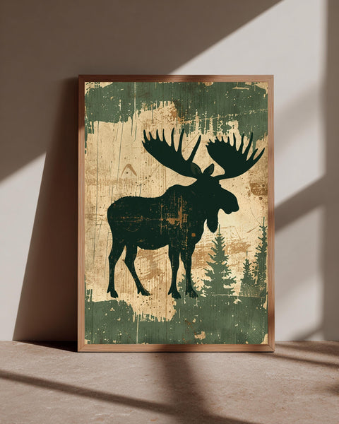Moose Silhouette Art, Vintage Forest Lodge Poster, Retro Wall Decor, Framed Unframed or Digital