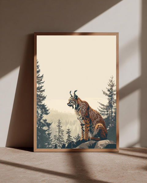 Retro Lynx Art Print, Minimalist Pine Forest Poster, Vintage Wildlife, Framed Unframed or Digital