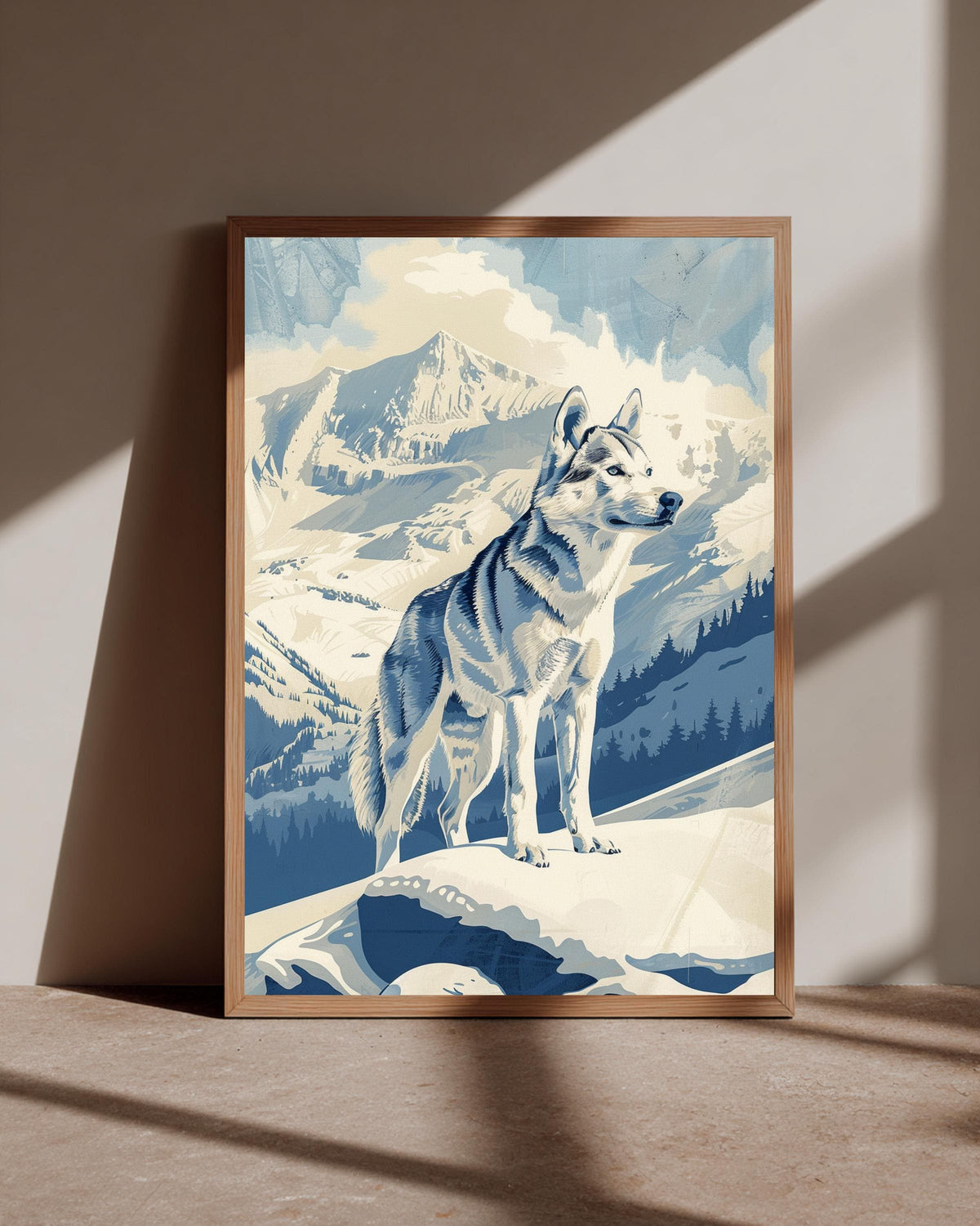 Husky Dog Wall Art, Retro Snowy Mountain Poster, Vintage Winter Print, Framed Unframed or Digital