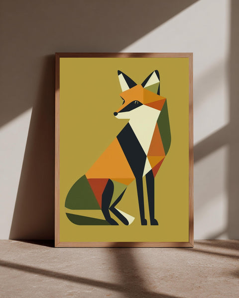 Retro Geometric Fox Art, Mid Century Modern Wildlife, Framed Unframed or Digital