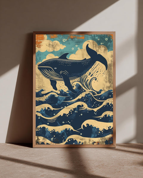 Vintage Whale Art, Retro Humpback Print, Nautical Marine Decor, Framed Unframed or Digital